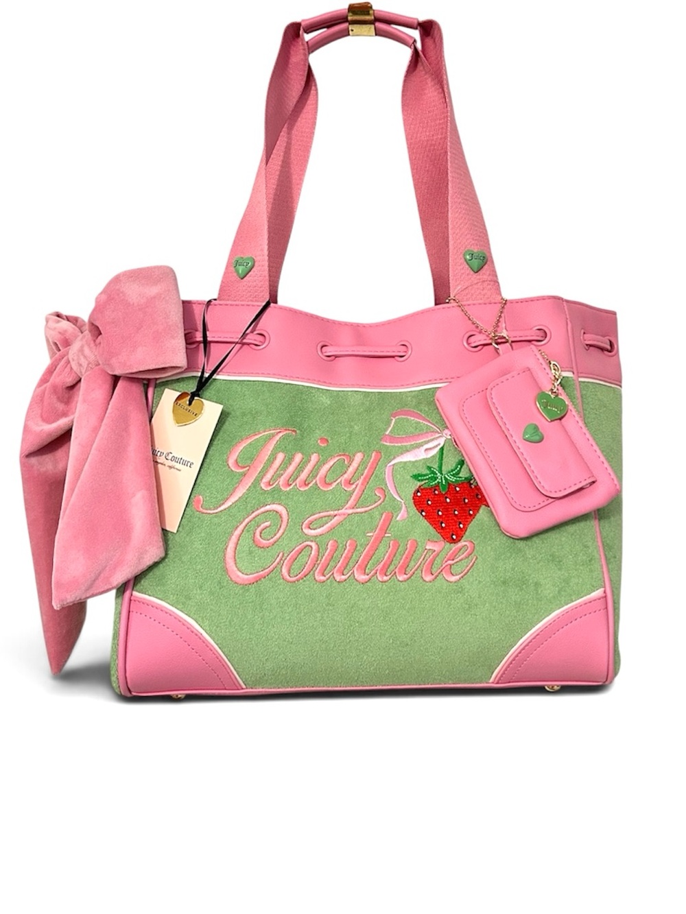 Juicy Couture Daydreamer Tote Strawberry Retro Green Pink Bow Wallet Charm NWT
